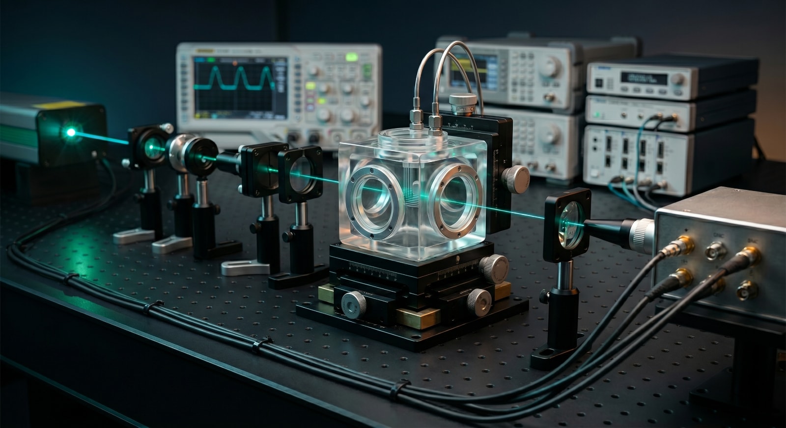 Advanced photonics control bench with a central optical test fixture, aligned optics, and measurement instruments.