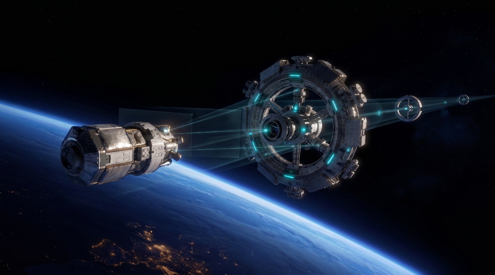 Cargo tug entering an orbital handoff waypoint as synchronized relay infrastructure extends the route ahead.